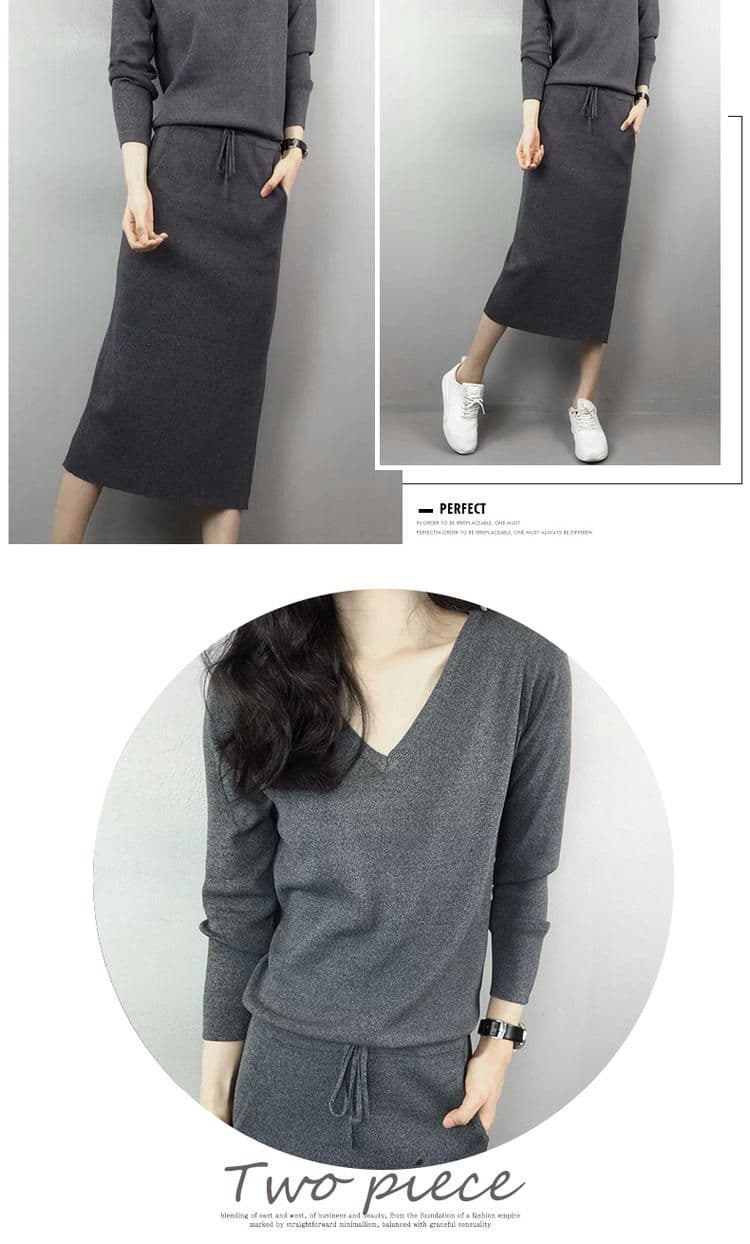 봄 가을 한국 스타일 니트 V넥 품격 레이스업 허리 수축 학원 스타일 무릎 아래 중간 길이 스웨터 원피스 아이들 상세 이미지 6