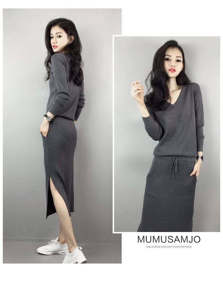 봄 가을 한국 스타일 니트 V넥 품격 레이스업 허리 수축 학원 스타일 무릎 아래 중간 길이 스웨터 원피스 아이들 상세 이미지 7