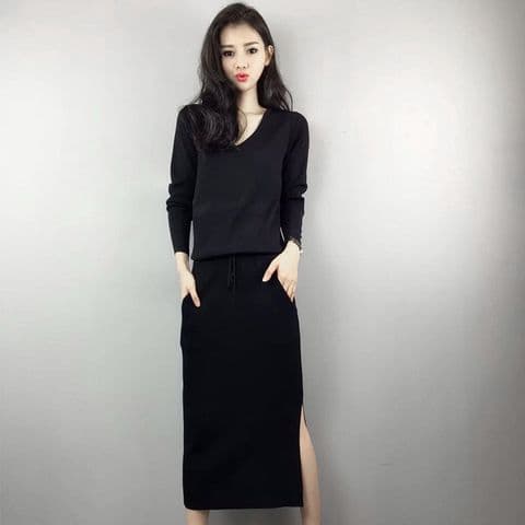 봄 가을 한국 스타일 니트 V넥 품격 레이스업 허리 수축 학원 스타일 무릎 아래 중간 길이 스웨터 원피스 아이들 상세 이미지 9
