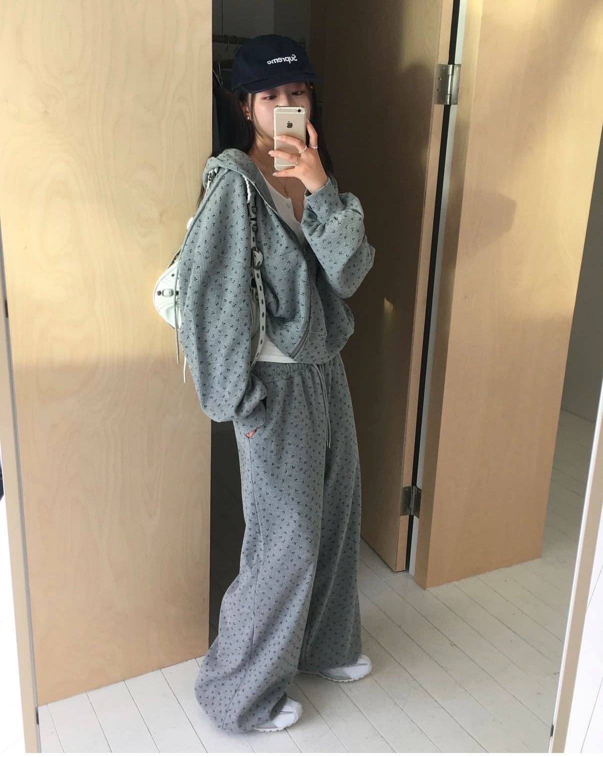 한국 chic 가을 프랑스식 작은 청신 후아 남편 그리드 후드 꽃무늬 후드티 여성 코트 하이웨이스트 캐주얼 긴 바지 상세 이미지 5