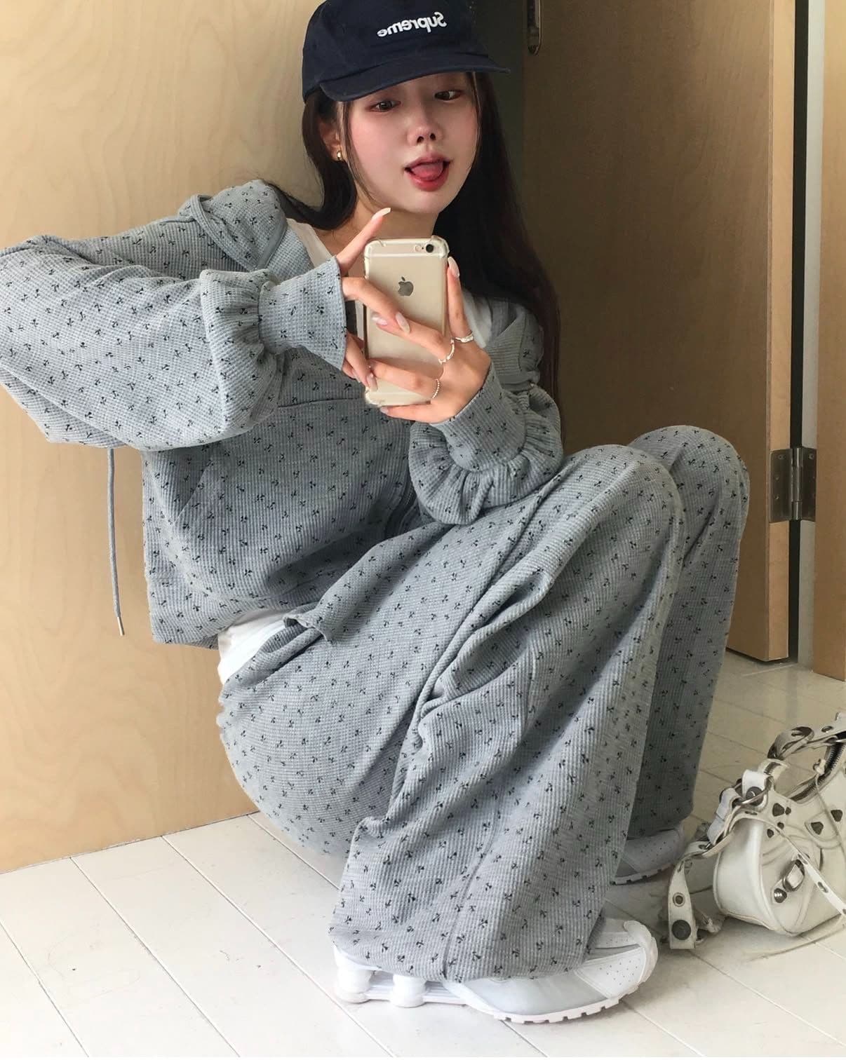 한국 chic 가을 프랑스식 작은 청신 후아 남편 그리드 후드 꽃무늬 후드티 여성 코트 하이웨이스트 캐주얼 긴 바지 상세 이미지 8