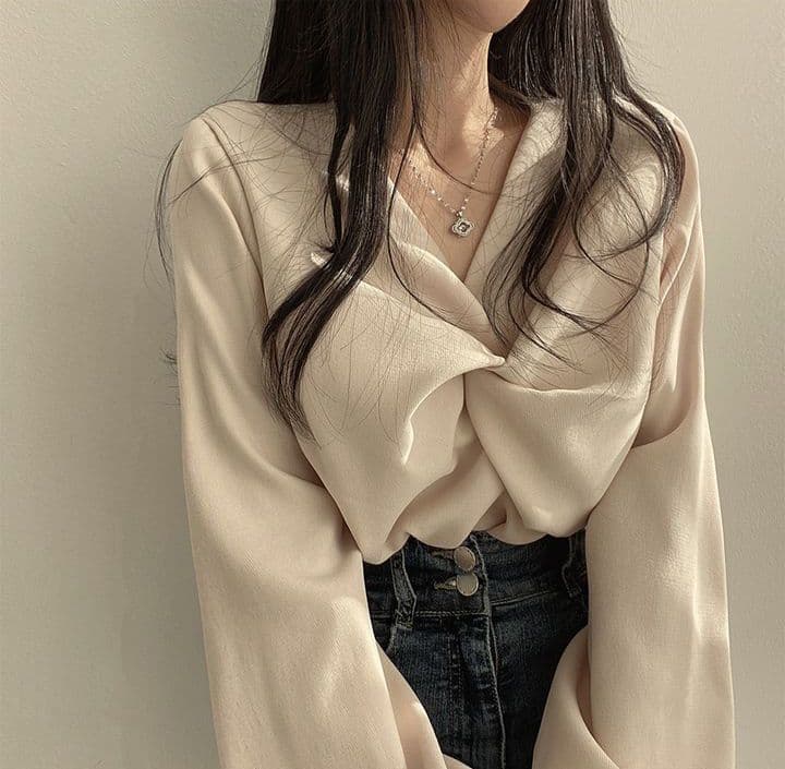 한국 chic 가을 프랑스식 품격 주름 V넥 비틀림 디자인 루즈핏 캐주얼 단색 긴팔 셔츠 맨위 상세 이미지 6