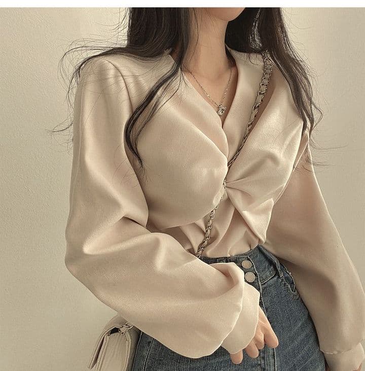 한국 chic 가을 프랑스식 품격 주름 V넥 비틀림 디자인 루즈핏 캐주얼 단색 긴팔 셔츠 맨위 상세 이미지 7