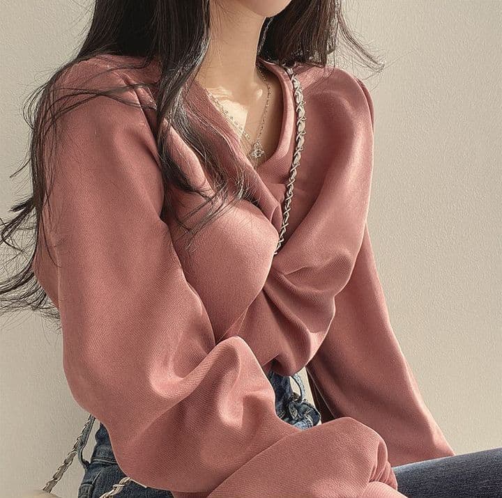 한국 chic 가을 프랑스식 품격 주름 V넥 비틀림 디자인 루즈핏 캐주얼 단색 긴팔 셔츠 맨위 상세 이미지 14