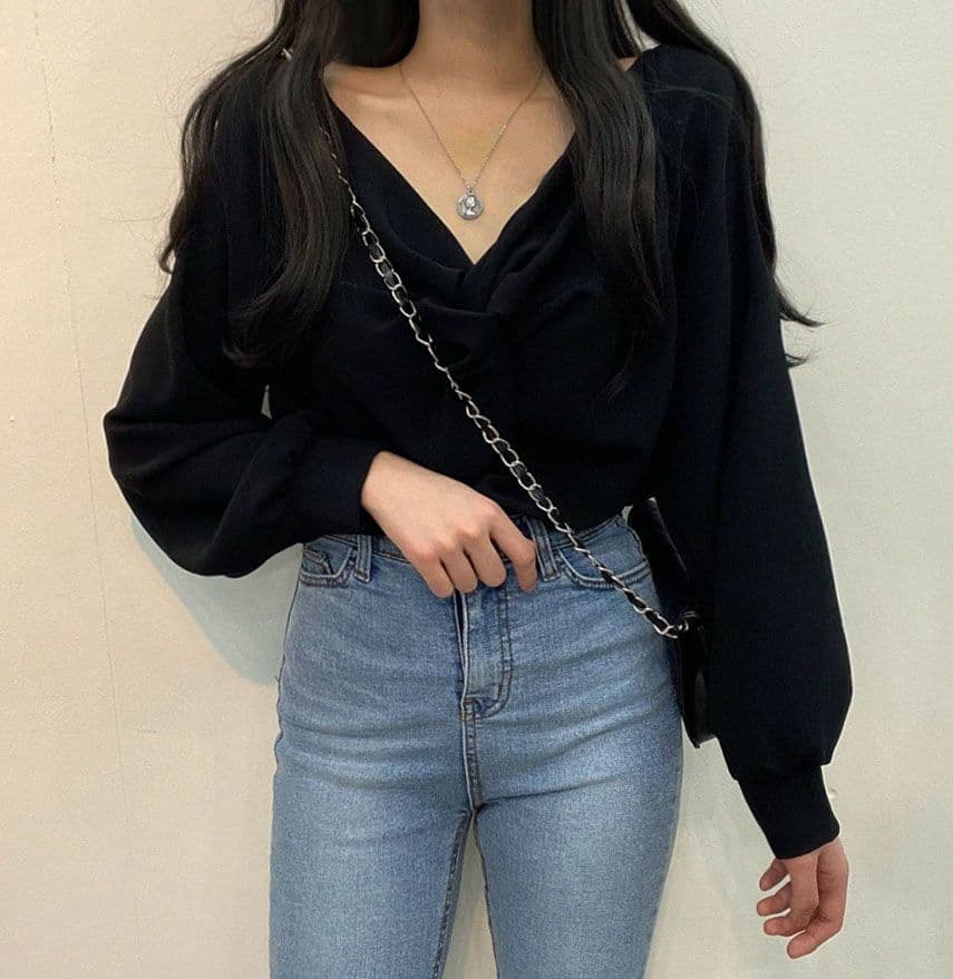 한국 chic 가을 프랑스식 품격 주름 V넥 비틀림 디자인 루즈핏 캐주얼 단색 긴팔 셔츠 맨위 상세 이미지 31