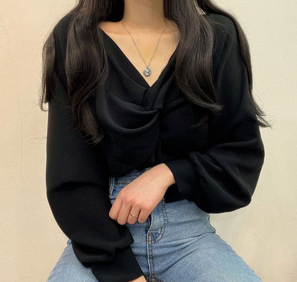 한국 chic 가을 프랑스식 품격 주름 V넥 비틀림 디자인 루즈핏 캐주얼 단색 긴팔 셔츠 맨위 상세 이미지 36
