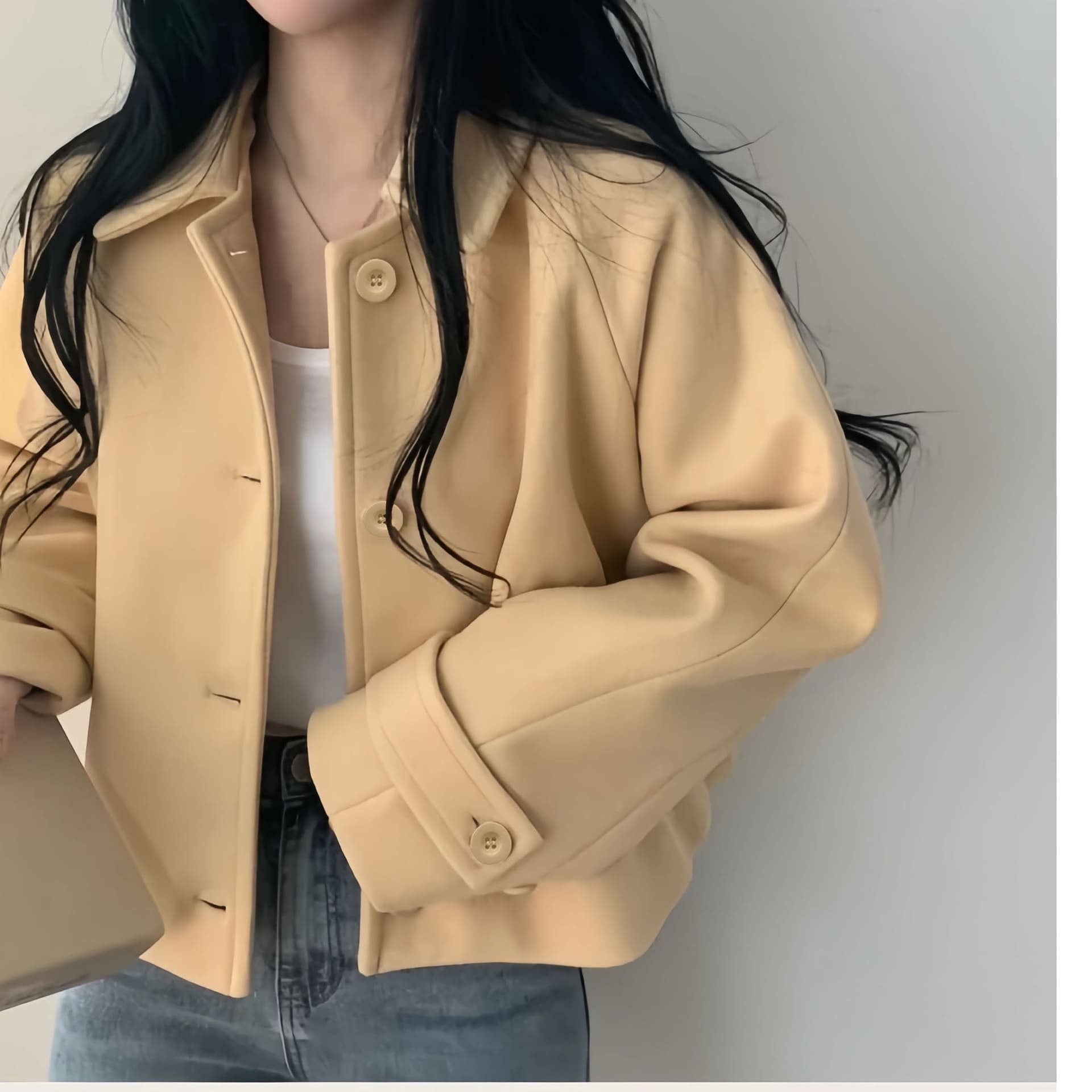 작은 키 모직 여성 코트 chic 프랑스식 부드러운 디스플레이 화이트 폴로 칼라 싱글 줄 버튼 루즈핏 디자인 센스 Chic 맨위