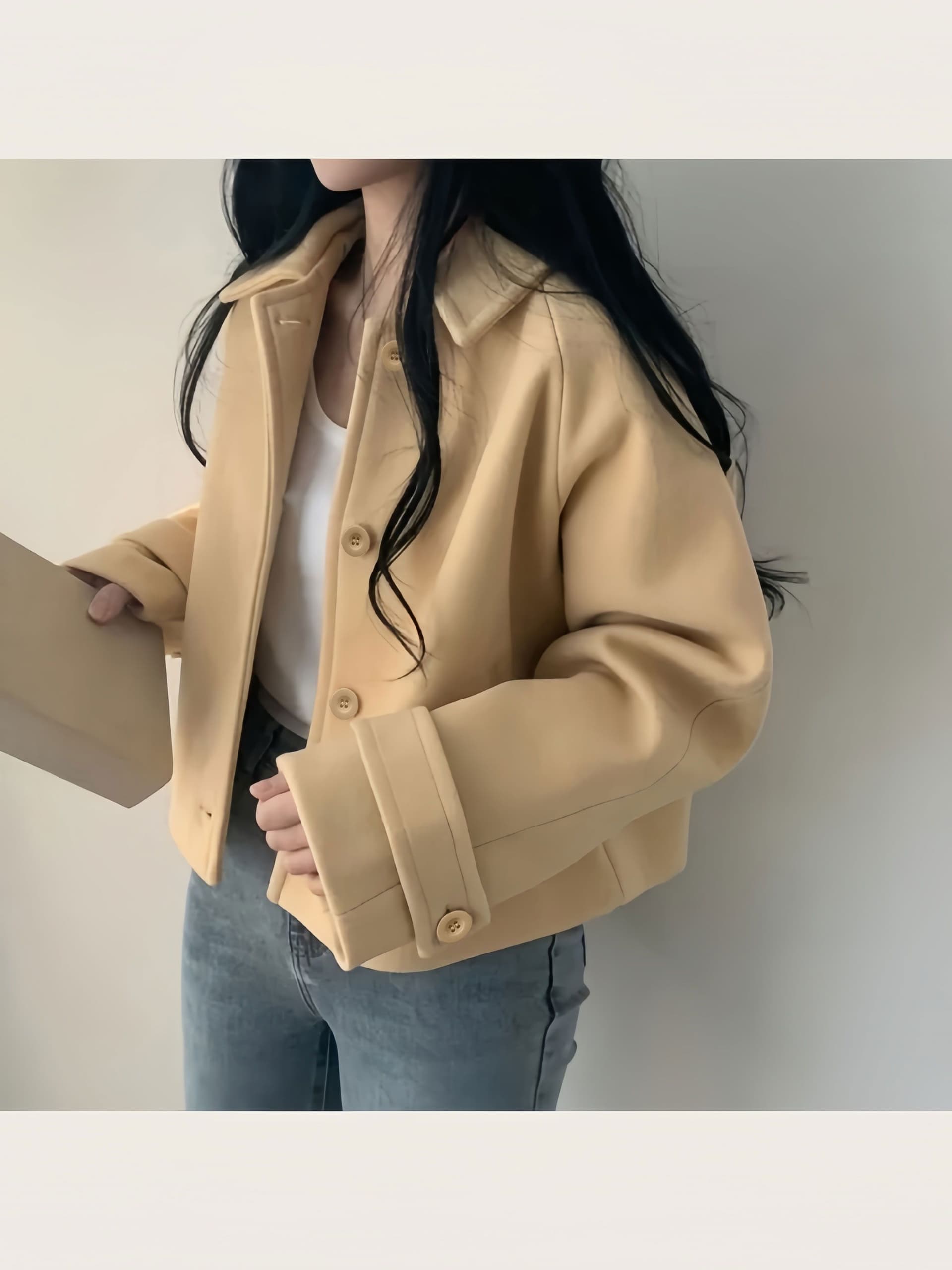 작은 키 모직 여성 코트 chic 프랑스식 부드러운 디스플레이 화이트 폴로 칼라 싱글 줄 버튼 루즈핏 디자인 센스 Chic 맨위 상세 이미지 5