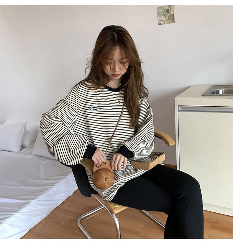 스트라이프 티셔츠 기본 셔츠 여성 가을 새로운 라운드 넥 긴팔 후드티 여성 한국 스타일 맨위 서비스 상세 이미지 6
