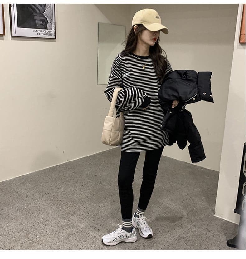 스트라이프 티셔츠 기본 셔츠 여성 가을 새로운 라운드 넥 긴팔 후드티 여성 한국 스타일 맨위 서비스 상세 이미지 14