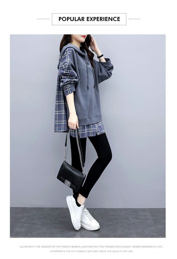 면 6535 물고기 규모 체크 직물 포함 50 면 루즈핏 후드 티 스웨터 봄 드레스 새로운 패치워크 체크무늬 상세 이미지 15