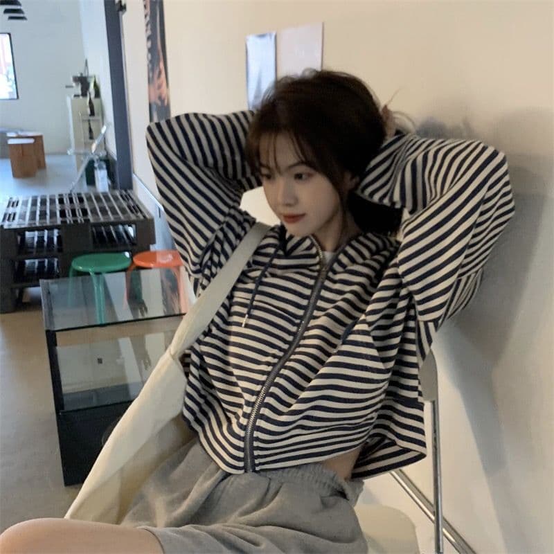 새로운 패션 한국 스타일 여성 루즈핏 슬림해 보이는 스트라이프 디자인 긴팔 재킷 다용도 운동 재킷 상세 이미지 16