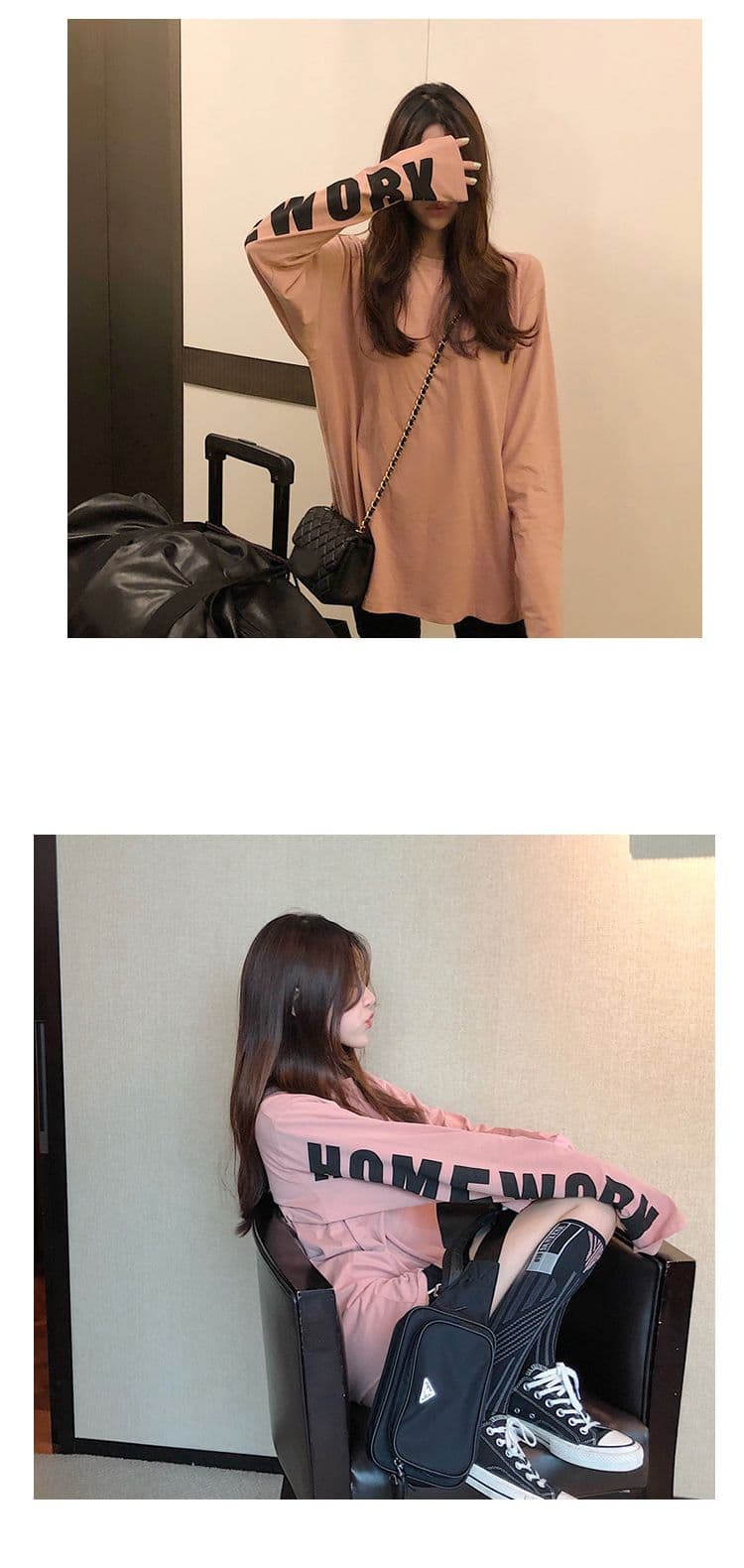 한국 스타일 chic 루즈핏 알파벳 프린트 긴팔 맨위 여성 가을 새로운 학생 다용도 슬림해 보이는 티셔츠 트렌디 상세 이미지 6