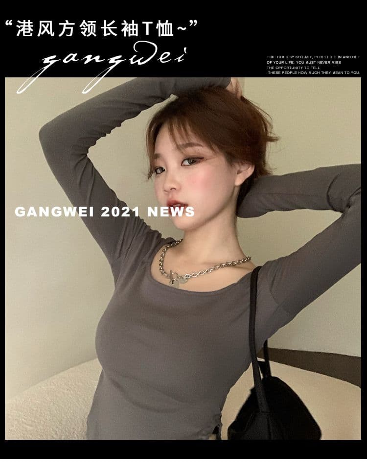 가을 의상 u 칼라 단색 섹시함 낮은 네크라인 불규칙 몸매 가꾸기 긴팔 티셔츠 여성 상세 이미지 1