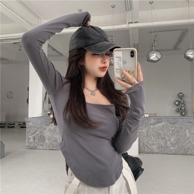 가을 의상 u 칼라 단색 섹시함 낮은 네크라인 불규칙 몸매 가꾸기 긴팔 티셔츠 여성 상세 이미지 15