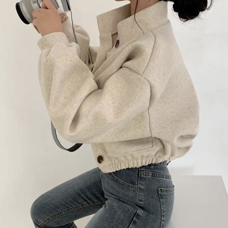 한국 스타일 가을 겨울 새로운 스탠드 칼라 작은 대중 쇼트 스타일 느긋한 바람 루즈핏 캐주얼 모직 모직 여성 코트 이미지 2
