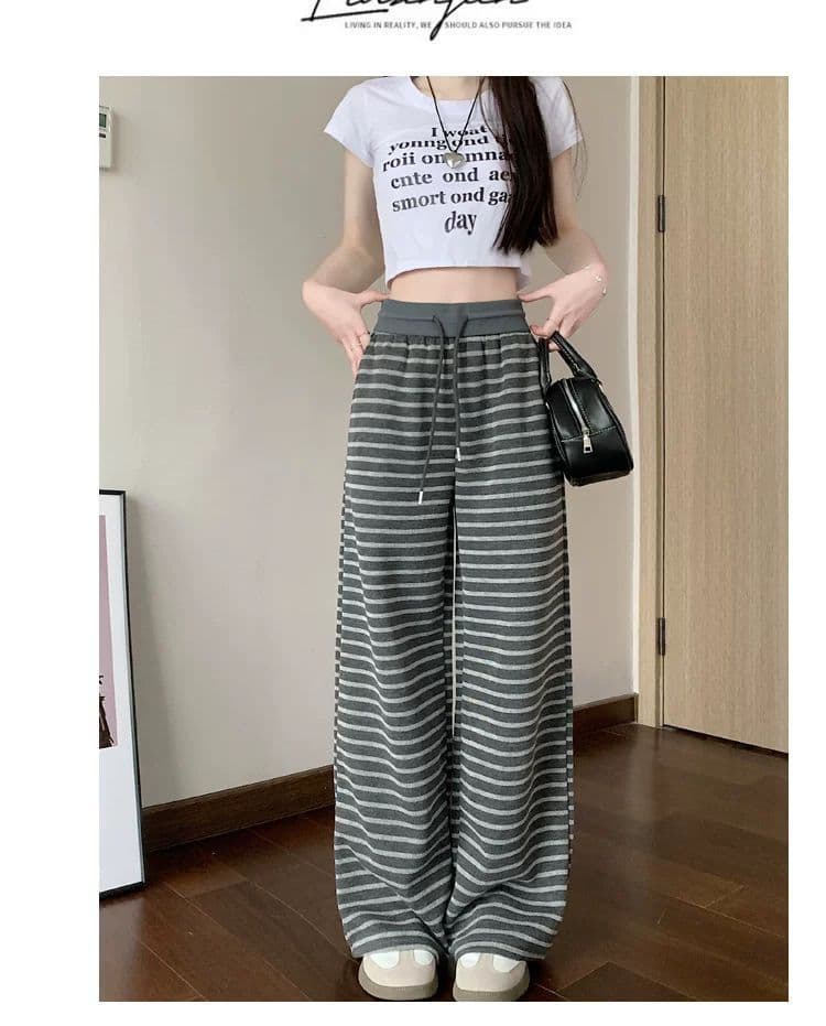 양모 스트라이프 레트로 스트라이프 니트 와이드 레깅스 바지 가을 펌프 로프 슬림해 보이는 느긋한 도루 가을 센스 캐주얼 바닥 청소 바지 상세 이미지 29