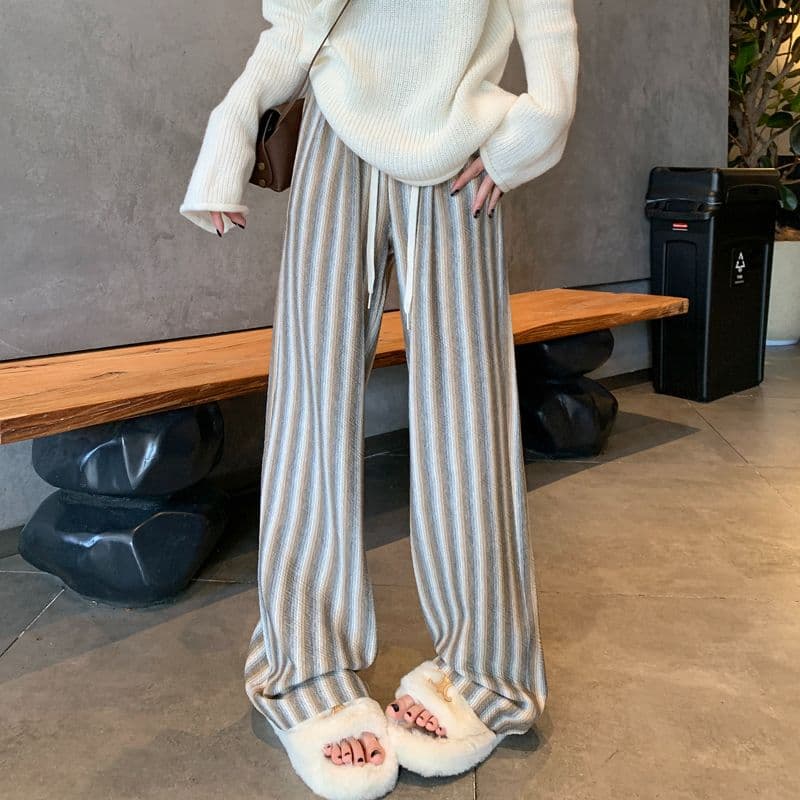 가을 새로운 스트라이프 넓은 다리 하이웨이스트 도루 센스 슬림해 보이는 다용도 캐주얼 운동 바지 이미지 2