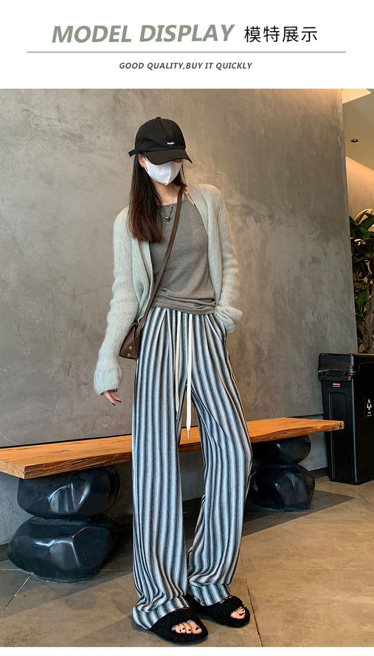 가을 새로운 스트라이프 넓은 다리 하이웨이스트 도루 센스 슬림해 보이는 다용도 캐주얼 운동 바지 상세 이미지 16