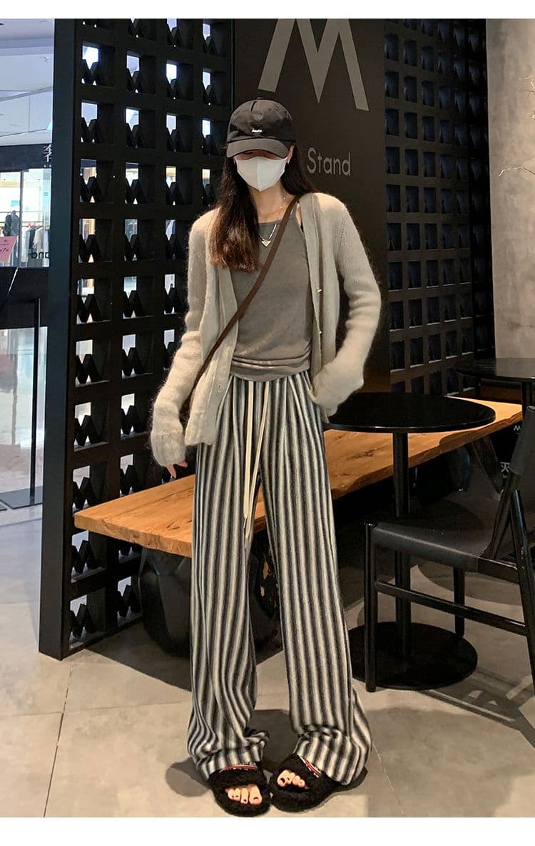 가을 새로운 스트라이프 넓은 다리 하이웨이스트 도루 센스 슬림해 보이는 다용도 캐주얼 운동 바지 상세 이미지 18
