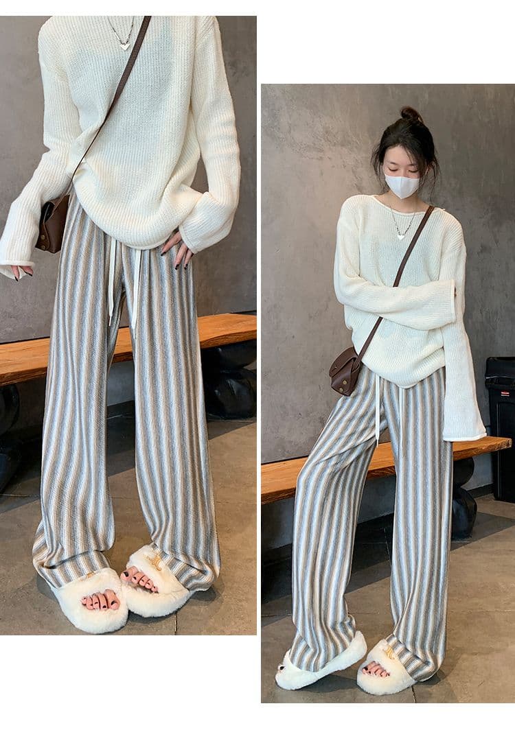 가을 새로운 스트라이프 넓은 다리 하이웨이스트 도루 센스 슬림해 보이는 다용도 캐주얼 운동 바지 상세 이미지 41