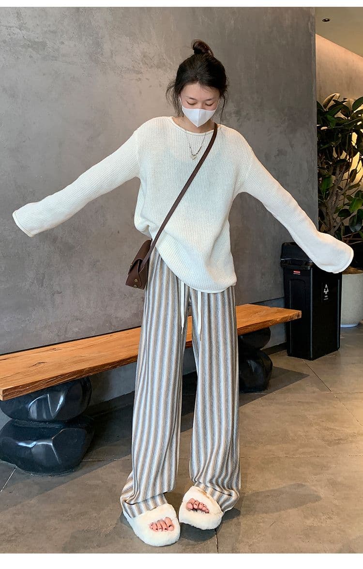 가을 새로운 스트라이프 넓은 다리 하이웨이스트 도루 센스 슬림해 보이는 다용도 캐주얼 운동 바지 상세 이미지 42