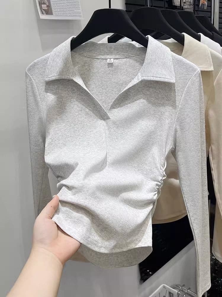 가을 polo 폴로 칼라 t 긴팔 동정 몸매 가꾸기 슬림해 보이는 맨위 회색 긍정적 인 어깨 인사이드 가져 가라. 기본 셔츠 이미지 3