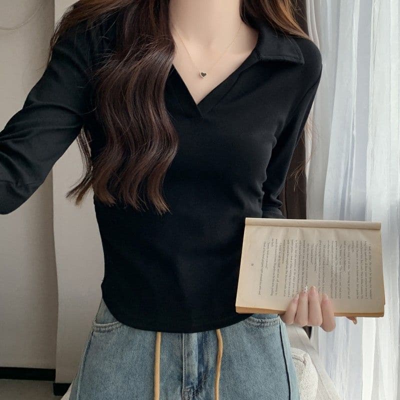 가을 polo 폴로 칼라 t 긴팔 동정 몸매 가꾸기 슬림해 보이는 맨위 회색 긍정적 인 어깨 인사이드 가져 가라. 기본 셔츠 이미지 2