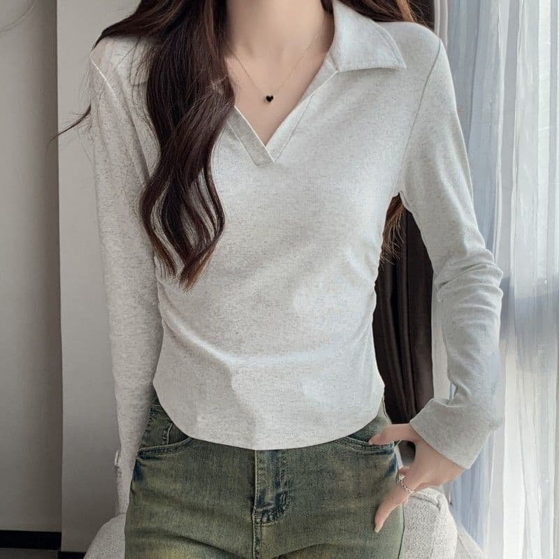 가을 polo 폴로 칼라 t 긴팔 동정 몸매 가꾸기 슬림해 보이는 맨위 회색 긍정적 인 어깨 인사이드 가져 가라. 기본 셔츠 상세 이미지 2