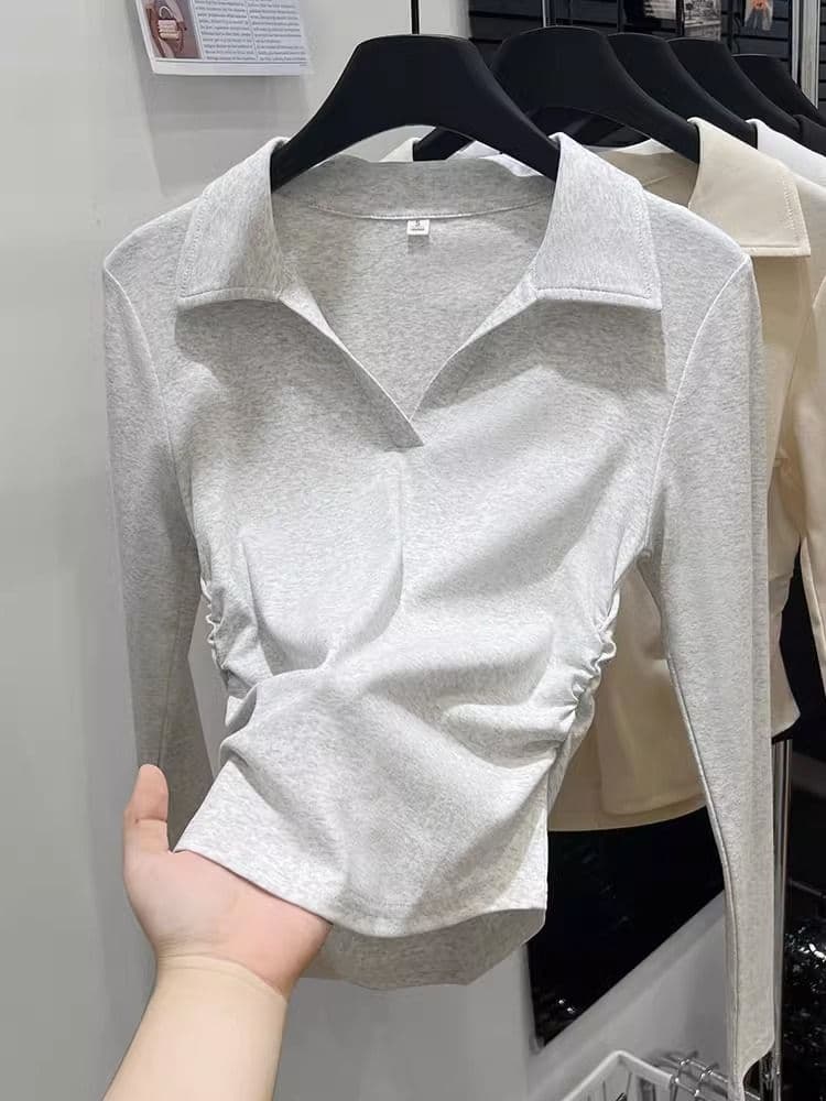 가을 polo 폴로 칼라 t 긴팔 동정 몸매 가꾸기 슬림해 보이는 맨위 회색 긍정적 인 어깨 인사이드 가져 가라. 기본 셔츠 상세 이미지 4