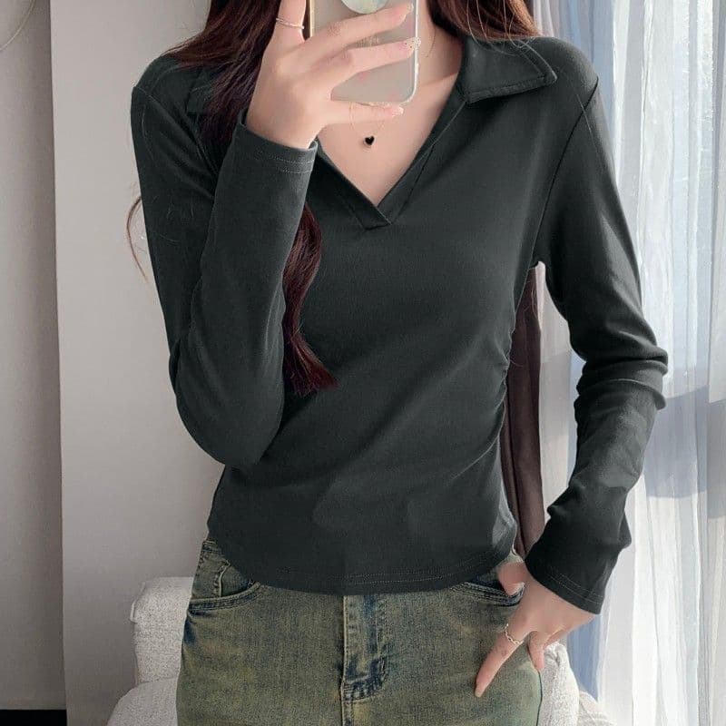 가을 polo 폴로 칼라 t 긴팔 동정 몸매 가꾸기 슬림해 보이는 맨위 회색 긍정적 인 어깨 인사이드 가져 가라. 기본 셔츠 상세 이미지 6