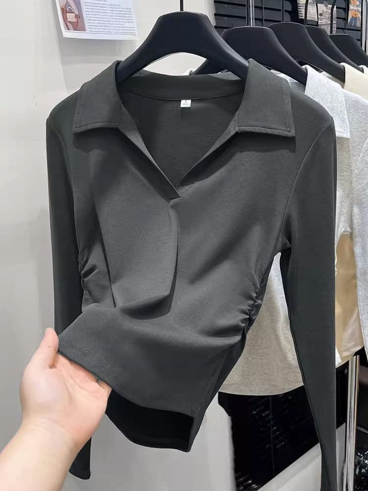 가을 polo 폴로 칼라 t 긴팔 동정 몸매 가꾸기 슬림해 보이는 맨위 회색 긍정적 인 어깨 인사이드 가져 가라. 기본 셔츠 상세 이미지 7