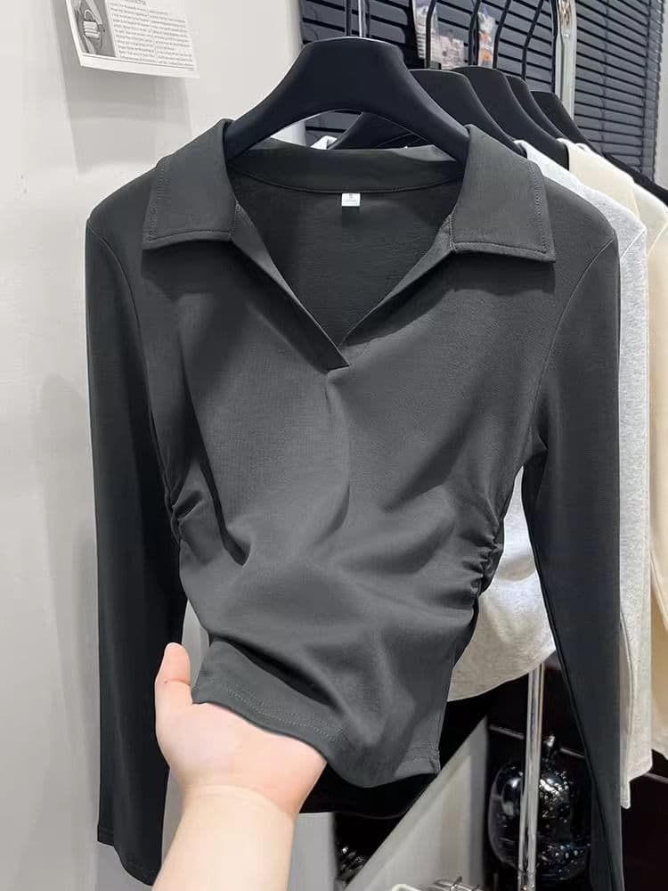 가을 polo 폴로 칼라 t 긴팔 동정 몸매 가꾸기 슬림해 보이는 맨위 회색 긍정적 인 어깨 인사이드 가져 가라. 기본 셔츠 상세 이미지 8