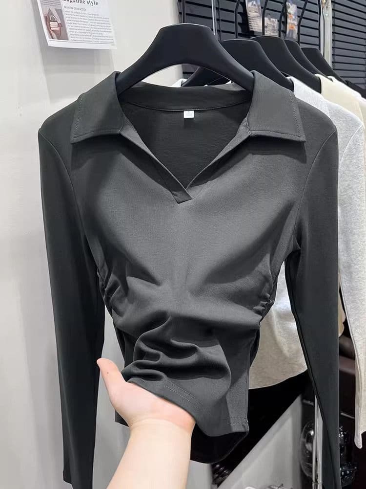 가을 polo 폴로 칼라 t 긴팔 동정 몸매 가꾸기 슬림해 보이는 맨위 회색 긍정적 인 어깨 인사이드 가져 가라. 기본 셔츠 상세 이미지 9
