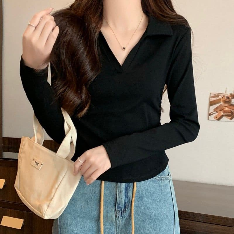 가을 polo 폴로 칼라 t 긴팔 동정 몸매 가꾸기 슬림해 보이는 맨위 회색 긍정적 인 어깨 인사이드 가져 가라. 기본 셔츠 상세 이미지 11