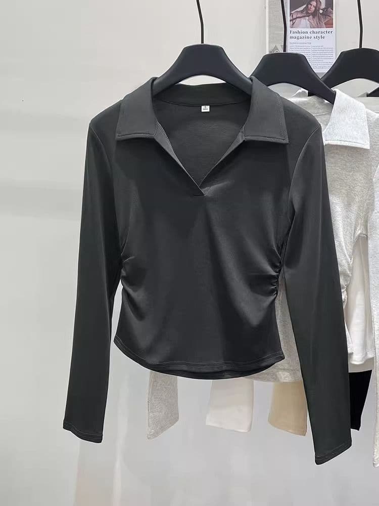 가을 polo 폴로 칼라 t 긴팔 동정 몸매 가꾸기 슬림해 보이는 맨위 회색 긍정적 인 어깨 인사이드 가져 가라. 기본 셔츠 상세 이미지 12