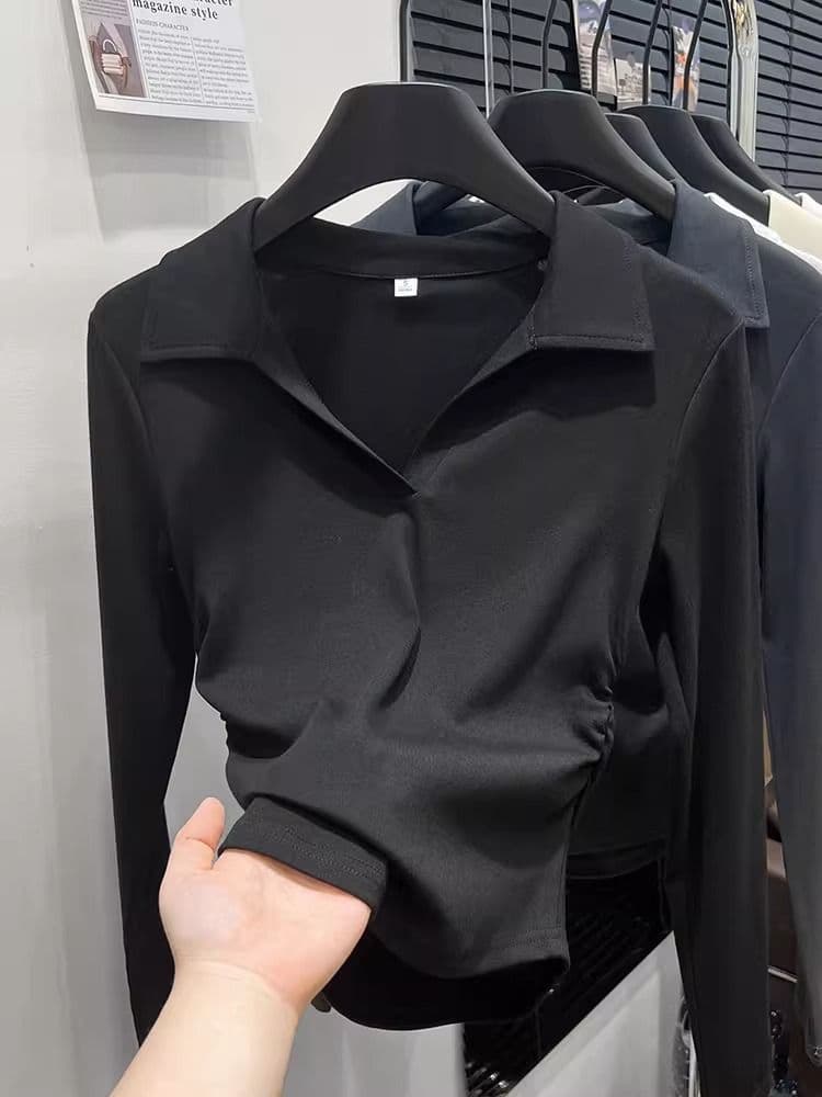 가을 polo 폴로 칼라 t 긴팔 동정 몸매 가꾸기 슬림해 보이는 맨위 회색 긍정적 인 어깨 인사이드 가져 가라. 기본 셔츠 상세 이미지 13