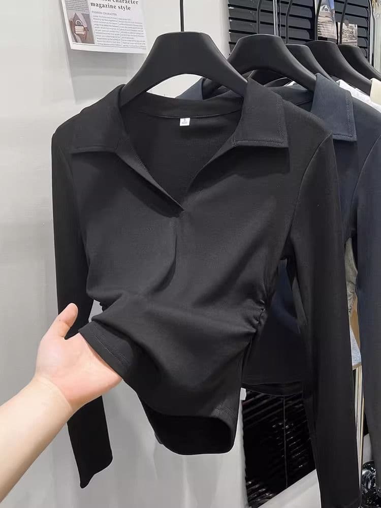 가을 polo 폴로 칼라 t 긴팔 동정 몸매 가꾸기 슬림해 보이는 맨위 회색 긍정적 인 어깨 인사이드 가져 가라. 기본 셔츠 상세 이미지 14