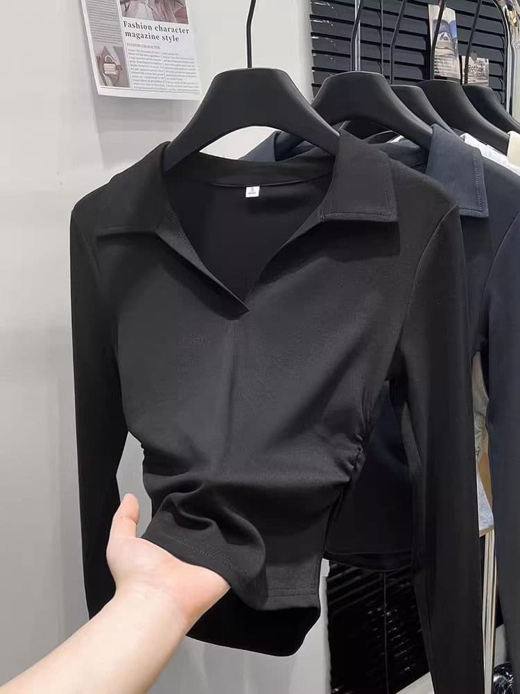 가을 polo 폴로 칼라 t 긴팔 동정 몸매 가꾸기 슬림해 보이는 맨위 회색 긍정적 인 어깨 인사이드 가져 가라. 기본 셔츠 상세 이미지 15