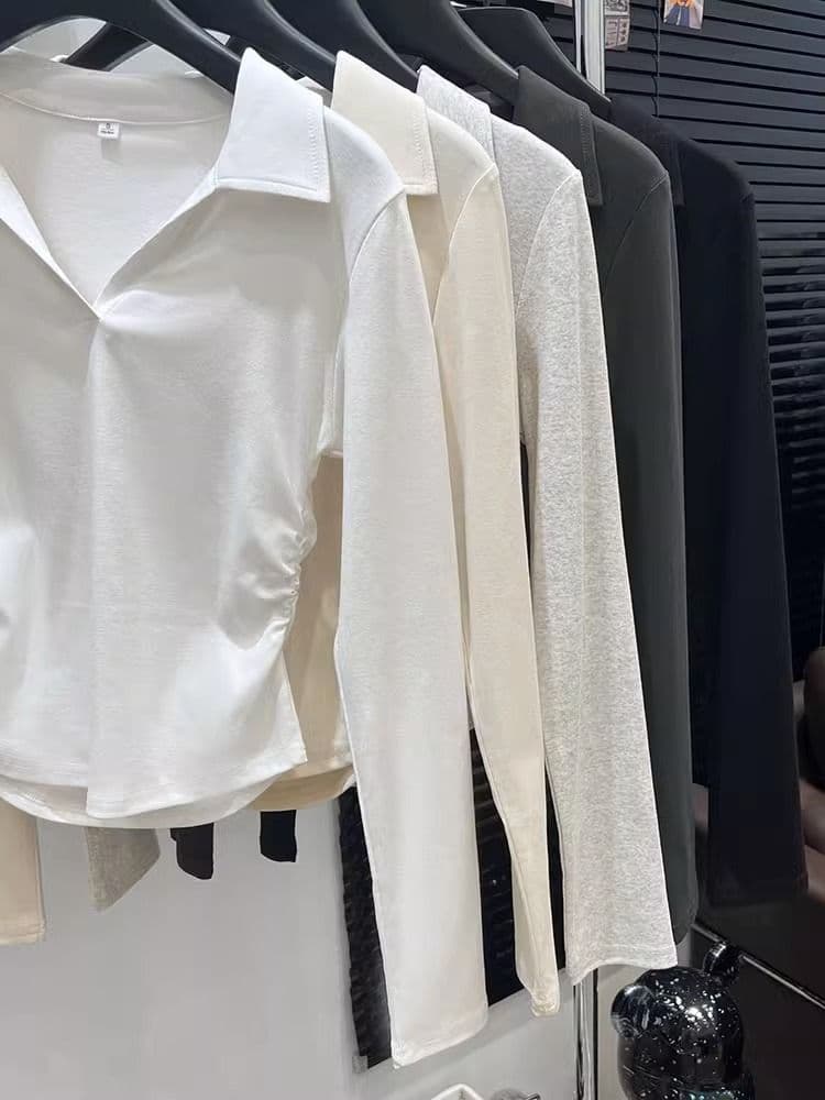 가을 polo 폴로 칼라 t 긴팔 동정 몸매 가꾸기 슬림해 보이는 맨위 회색 긍정적 인 어깨 인사이드 가져 가라. 기본 셔츠 상세 이미지 17
