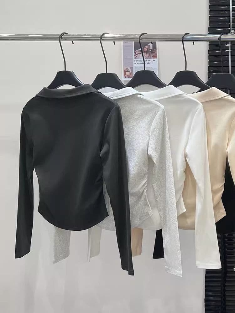 가을 polo 폴로 칼라 t 긴팔 동정 몸매 가꾸기 슬림해 보이는 맨위 회색 긍정적 인 어깨 인사이드 가져 가라. 기본 셔츠 상세 이미지 18
