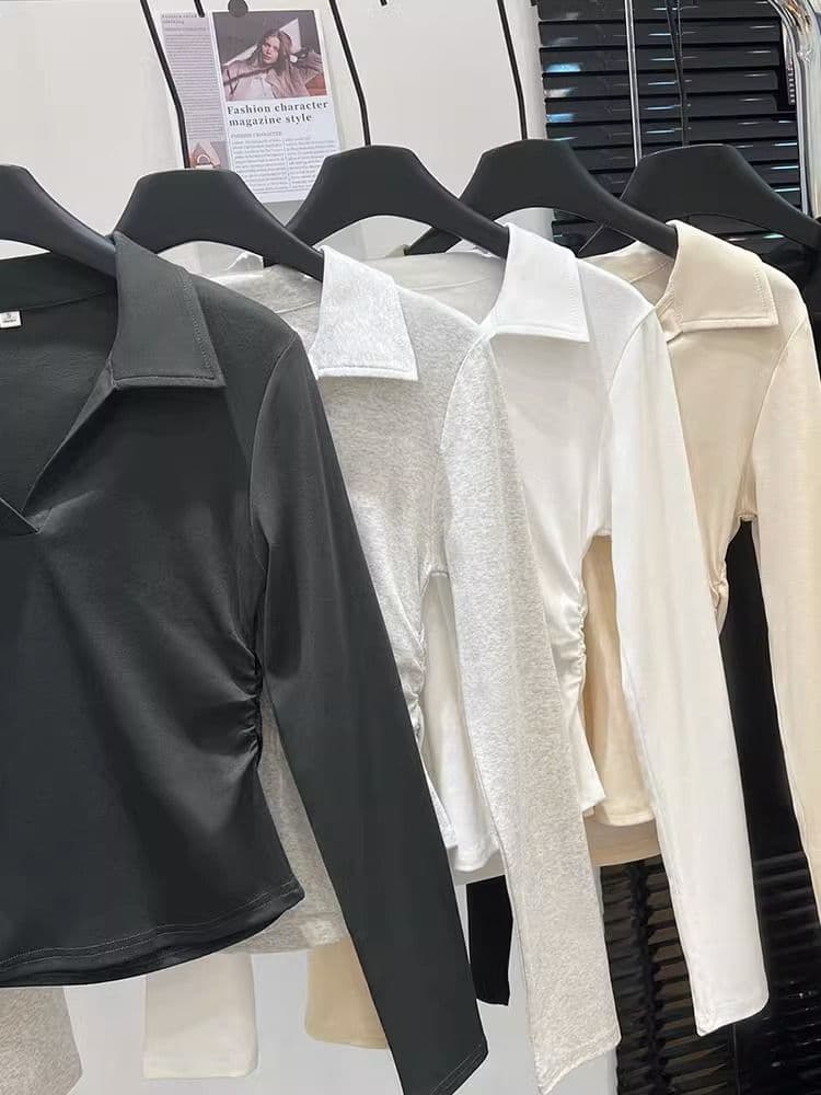 가을 polo 폴로 칼라 t 긴팔 동정 몸매 가꾸기 슬림해 보이는 맨위 회색 긍정적 인 어깨 인사이드 가져 가라. 기본 셔츠 상세 이미지 19