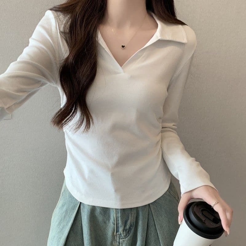 가을 polo 폴로 칼라 t 긴팔 동정 몸매 가꾸기 슬림해 보이는 맨위 회색 긍정적 인 어깨 인사이드 가져 가라. 기본 셔츠 상세 이미지 20