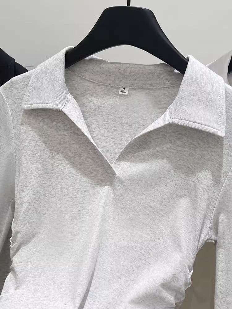 가을 polo 폴로 칼라 t 긴팔 동정 몸매 가꾸기 슬림해 보이는 맨위 회색 긍정적 인 어깨 인사이드 가져 가라. 기본 셔츠 상세 이미지 24