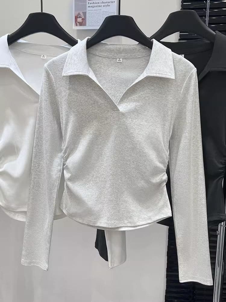 가을 polo 폴로 칼라 t 긴팔 동정 몸매 가꾸기 슬림해 보이는 맨위 회색 긍정적 인 어깨 인사이드 가져 가라. 기본 셔츠 상세 이미지 25