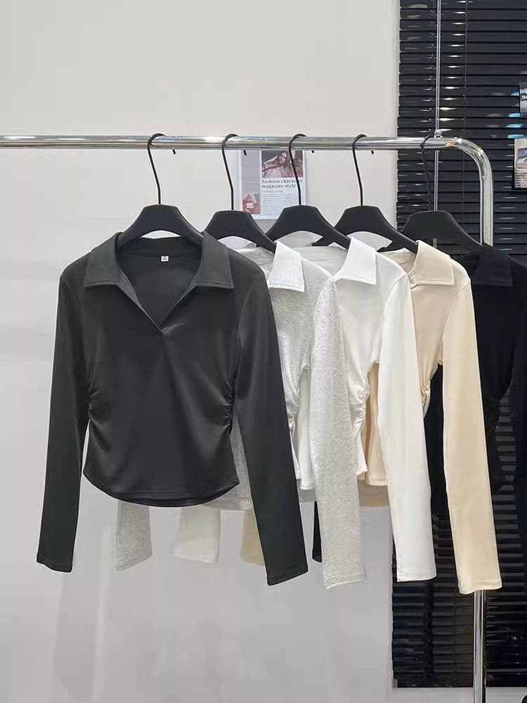 가을 polo 폴로 칼라 t 긴팔 동정 몸매 가꾸기 슬림해 보이는 맨위 회색 긍정적 인 어깨 인사이드 가져 가라. 기본 셔츠 상세 이미지 26