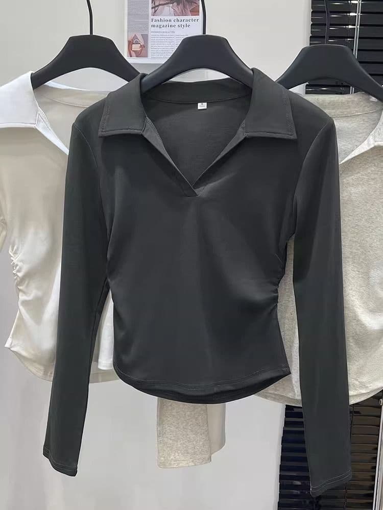 가을 polo 폴로 칼라 t 긴팔 동정 몸매 가꾸기 슬림해 보이는 맨위 회색 긍정적 인 어깨 인사이드 가져 가라. 기본 셔츠 상세 이미지 27