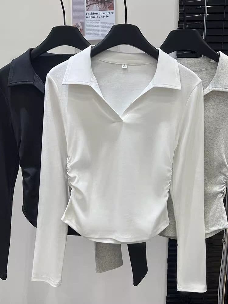 가을 polo 폴로 칼라 t 긴팔 동정 몸매 가꾸기 슬림해 보이는 맨위 회색 긍정적 인 어깨 인사이드 가져 가라. 기본 셔츠 상세 이미지 28