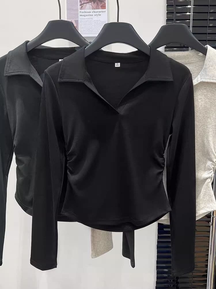 가을 polo 폴로 칼라 t 긴팔 동정 몸매 가꾸기 슬림해 보이는 맨위 회색 긍정적 인 어깨 인사이드 가져 가라. 기본 셔츠 상세 이미지 29