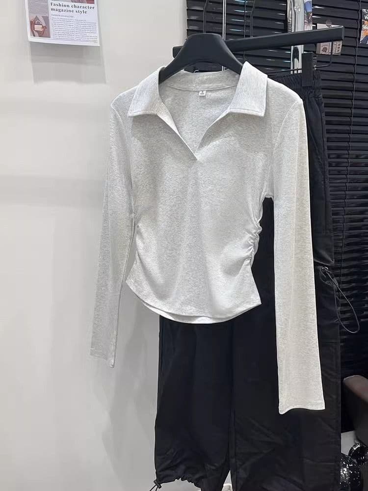 가을 polo 폴로 칼라 t 긴팔 동정 몸매 가꾸기 슬림해 보이는 맨위 회색 긍정적 인 어깨 인사이드 가져 가라. 기본 셔츠 상세 이미지 30